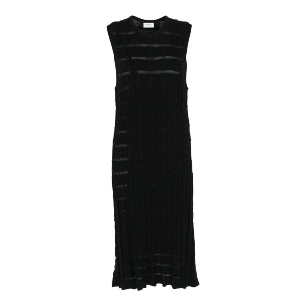 Ferragamo Cable Knit Midi Dress Black Womens